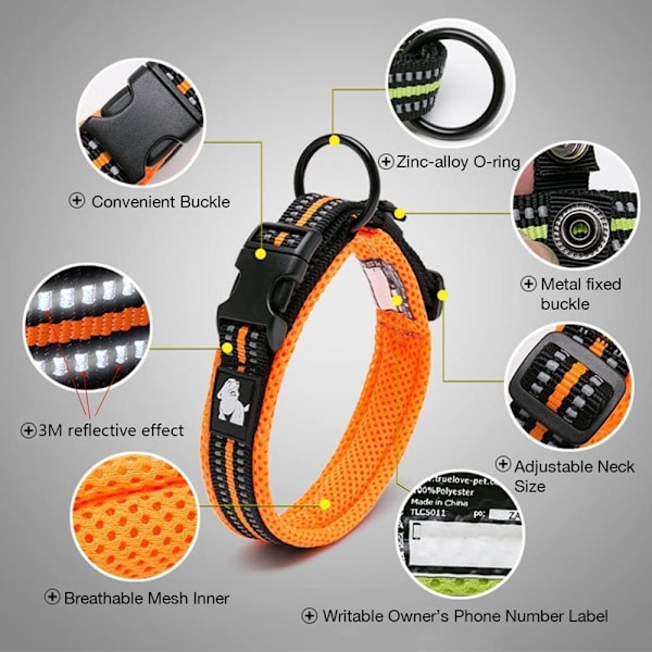 Mellanstort och stort hundhalsband 3M reflekterande mesh vadderat hundhalsband justerbart nylon utomhus äventyr husdjurshalsband