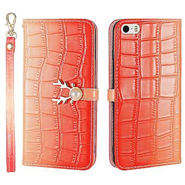 Telefonfodral, älgmönster, iPhone 5, 5s, SE, kortfack, snodd, PU-läder, plånboksfunktion, hörnfallskydd, Orange Röd