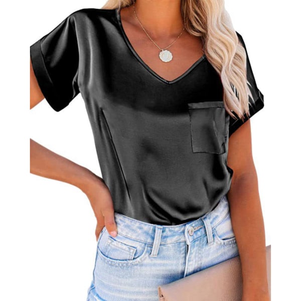 Dam T-shirt i Satin med V-ringning och Fickor, Kortärmad, Bekväm och Trendig, Casual, Svart, XXL