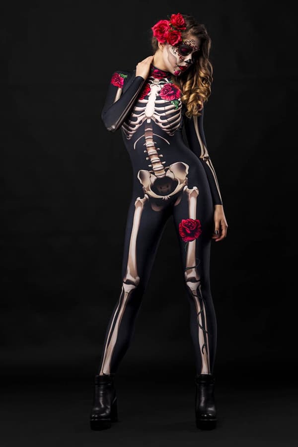 (XS) Halloweenkostume til kvinder, helkropsskelet til voksne