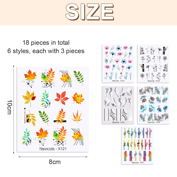 18 Ark Nageldekaler Självhäftande Nagelkonst Dekaler för Kvinnor Nageldekorationer, Flera Stilar, 6.4*5.3cm