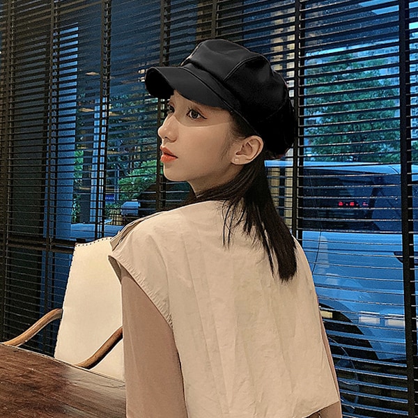 Newsboy Caps til Kvinder, PU Læder Cabbie Painter Hat Gatsby Ivy Beret Cap