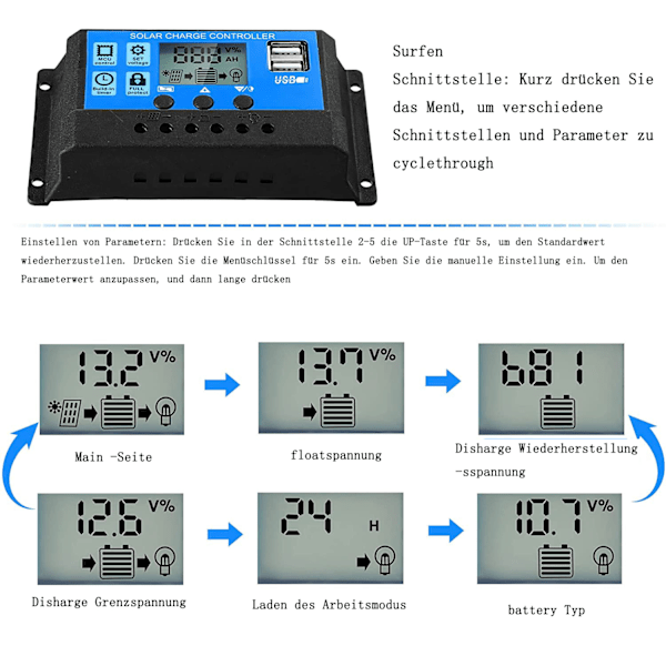Solar Battery Controller 12v/24v Solar Panel Charge Controller Mark Solar Panel Controller Regulator med justerbar LCD-skärm och dubbel USB port
