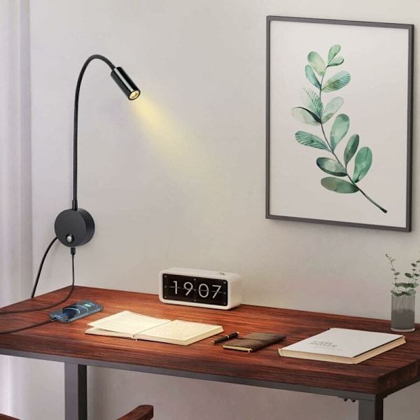 Vägglampa, LED-sänglampa, dimbar touch-omkopplare, USB-laddningsport, 3W, 360° vridbar, stickpropp, kabel, sovrum, 3000-6000K, svart