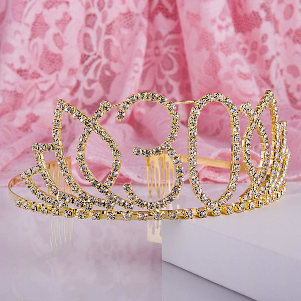 Kronfödelsedag Tiara med Hårkam Kristall Rhinestone Födelsedagspresent År för Kvinnor (Guld)