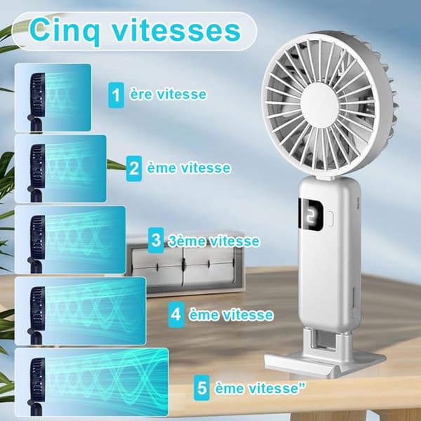 Y07 Lille Bærbar Ventilator - USB-C Opladning 1200mAh Batteri - 5 Hastigheder - Hvid Loop