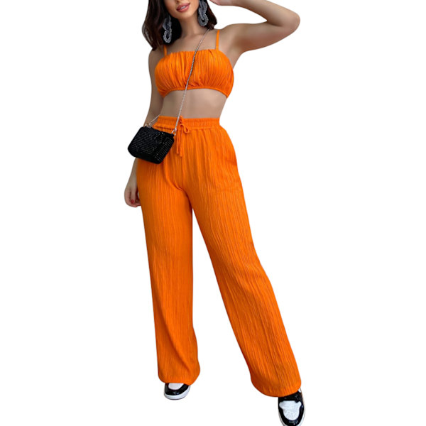 Sommarset för kvinnor med draperad byst, spaghettiband, tubtopp, hög midja, elastisk midja, långa byxor, enfärgad, orange, 2XL