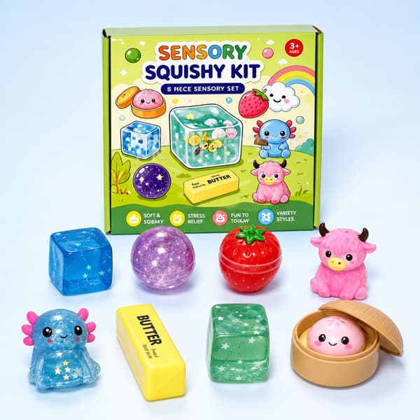 8-delt Squishy Sensorisk Sæt, Søde Dyr Mad Glitter og Terning Stressaflastende Legetøj, Blød Klemme Fidget Gaveæske