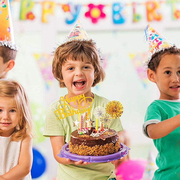 Guld födelsedagstårta dekoration, paket med 11 Happy Birthday Glitter Topper, konfetti ballonger pappersfläktar och stjärnor för födelsedagsfest dekoration,