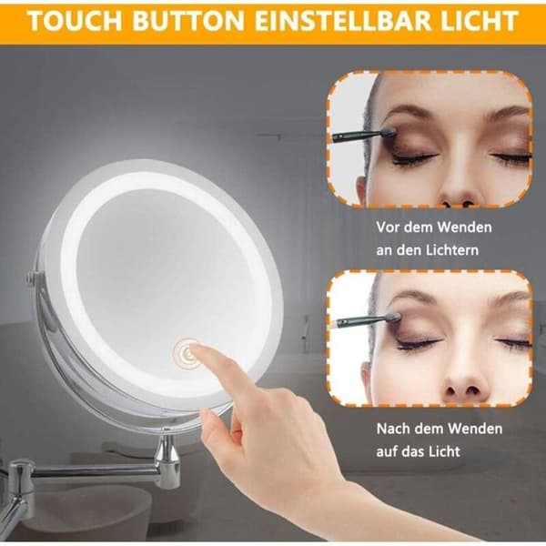 Makeup Mirror - Foldable LED Mirror - Double-Sided (1x/3x) - 360° Swivel - Chrome Wall Mount