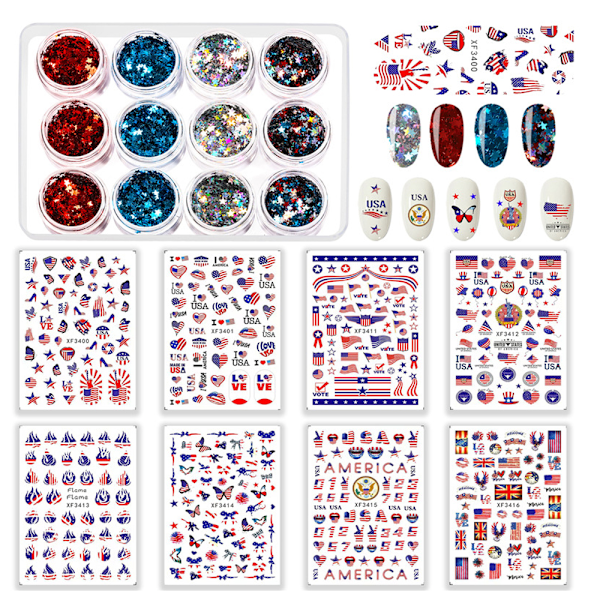 4 juli Nagelklistermärken Flagga Nagel Självhäftande Självhäftande Independence Day Patriotiska Nagelklistermärken Dekal och Nagelglitter Stjärna Paljettflingor för manikyr