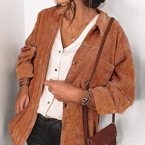 Beaully Kvinders Corduroy Knappeneder Skjorte Casual Langærmet Oversized Jakke Shacket (brun)