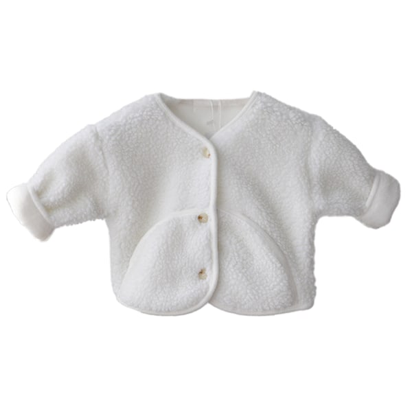 Flickors varm fleecejacka med knappar, konstpäls, tjock ytterkläder med fickor (Off white)