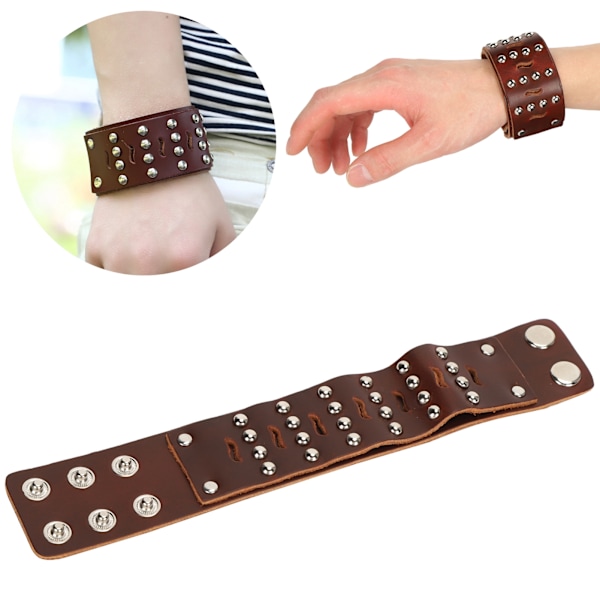 Flätat armband i splitläder, justerbar med tryckknapp, nitar, handgjort, vintage, handleds smycke (brun)