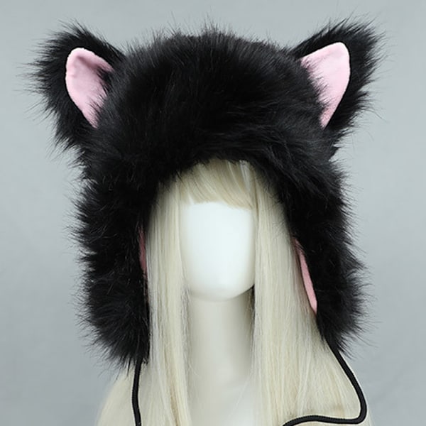 Katt Dyretema Hetter med Øreklaffer, Vinter Myk Fluffy Plysj Fest Halloween Kostyme Hodeplagg, Julegave