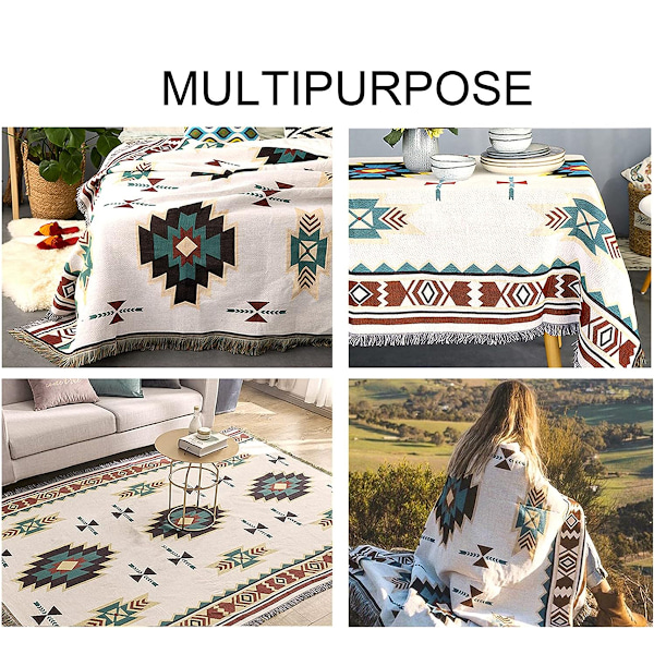 Boho-filt med fransar, amerikansk etnisk stil vävd sängöverkast, geometrisk stickad filt med tofsar jacquard, dekorativ för hem, kontor, resor