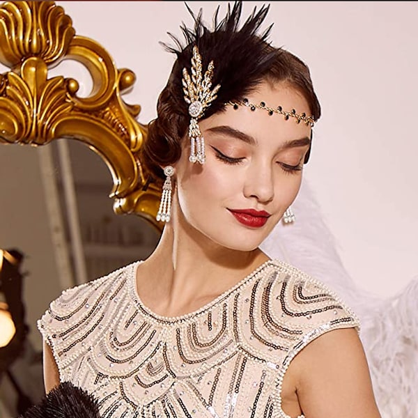 Art Deco Flapper Blad Bryllups-Tiara Perle Hovedbeklædning Pandebånd Med fjer