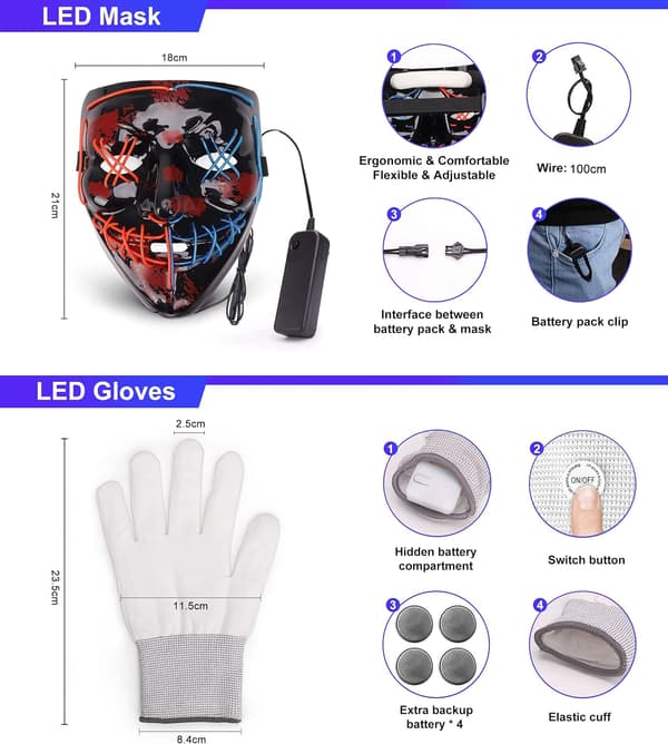Halloween-maske LED-maske og handsker med flere lystilstande Blue-red Mixed(1 Set)