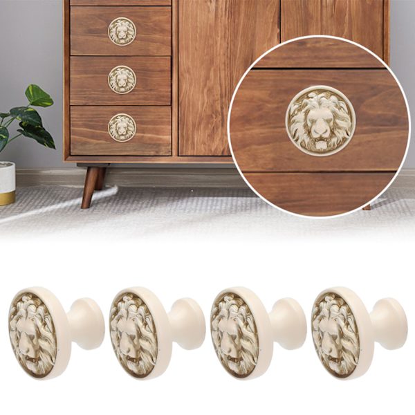 4-pakks Lion Head Dørhåndtak i Sinklegering, Moderne Antikk Tegneserie, Solid Skuffepull, Sirkulær Enkelt Hull Spenne, Håndtak 399 Lion Head Ivory