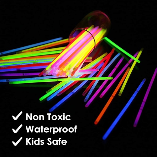 100 Lysstavar i Bulk - Glow in The Dark Partytillbehör - Partypaket med 8 tum Lysstavar och Kopplingar för Armband och Halsband för Barn och
