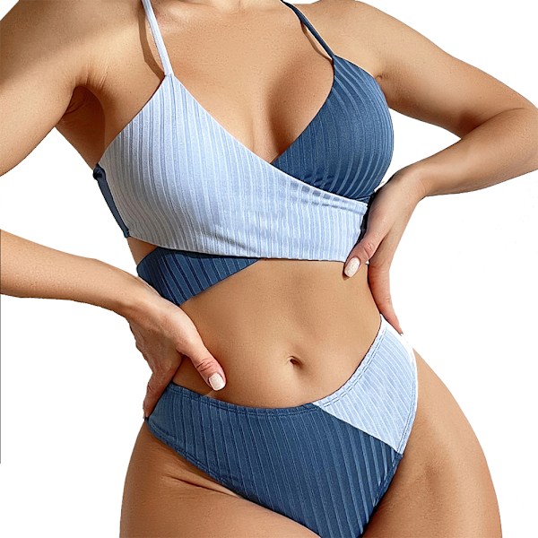 Kvinner Sexy Wrap Bikini Swwimsuit Sett Kryss-Kryss Fargeblokk Bånd Bak Topp Utskåret Thong Badetøy 2 Deler