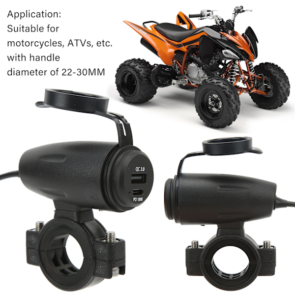 Motorcykel Telefonlader DC 10‑30V QC 3.0 PD 18W 2 i 1 Strømforsyning Ladeadapter Stik til 22‑30MM Styr Motorcykel ATV