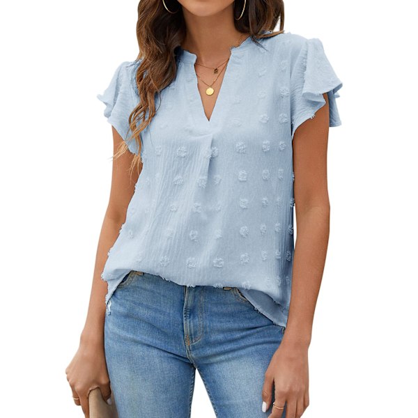 Dam Blus V-ringad Rynkad Ärmar Lös Andningsbar Prickig Polyester T-shirt för Vår Sommar Höst Blå M