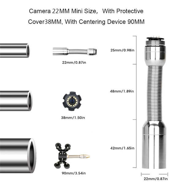 22mm Rörinspektionskamera med 7 tum skärm IP68 1000TVL 12 LED-lampor AC100‑240V för dräneringssystem 20m/65.6ft EU-kontakt