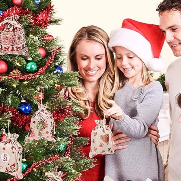 Reusable Burlap Drawstring Bags, Eco-Friendly Christmas Theme Canvas, Versatile Function with Breathability, 24 Pcs