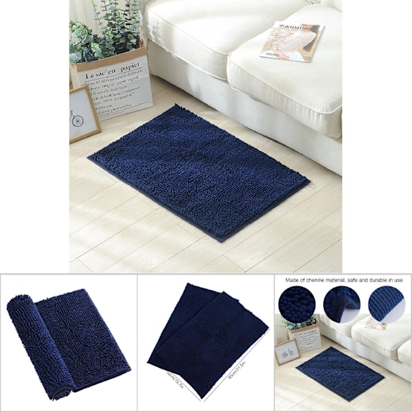 2 stk Chenille Anti-slip Vandabsorberende Skridsikker Måtte Badeværelse Stue (Mørkeblå)
