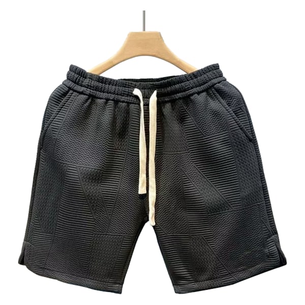 Män Sommar Lösa Träningsshorts Fashionabla Elastisk Midja Snörning Casual Strandshorts för Semester L Svart