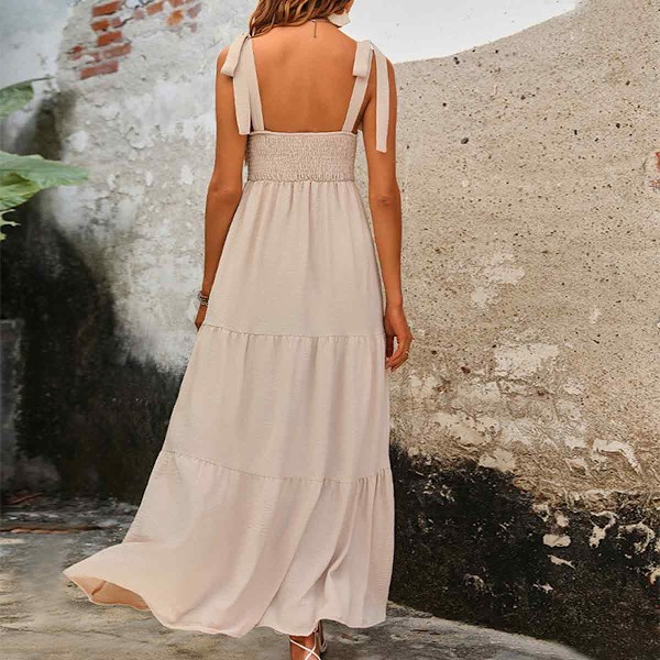 Sommer Boho Spaghettirem Square Neck Solid Farve Ruffle A-Linje Strand Lang Kjole til Kvinder
