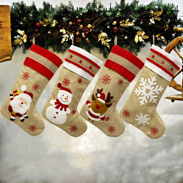 Lot de 4 chaussettes de Noël en toile de jute brodées - Père