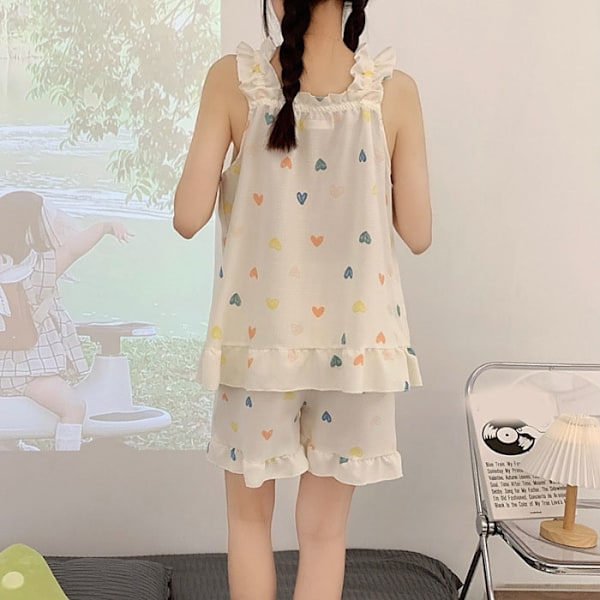 Dam Pyjamas Set Ärmlös Tank Top Casual Shorts Mjölksiden Mjuk Hudvänlig 2-Delar Sommarsovkläder Hjärtmönster L