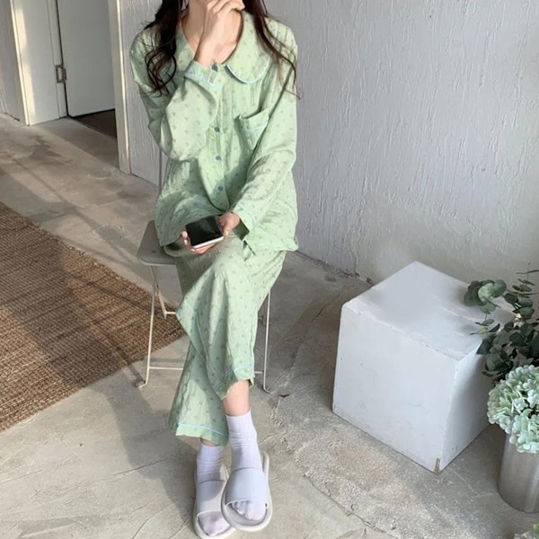 Dam Pyjamas Set med Långärmad, Söt Liten Grön Hjärtprint, 2-Delar, Sovrumsplagg för Höst/Vinter, Grön, Storlek L
