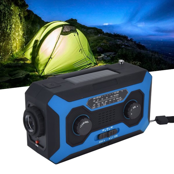 Håndsveiv Nød Væradio AM/FM Bytte Batteriindikator Lommelykt Solcelle Power Bank for Utendørs Camping Blå US Versjon