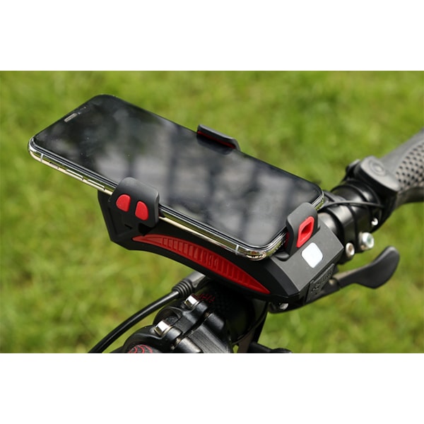 Cykellys mobilholder, 4-i-1 cykel mobilholder, LED cykelforlygte, USB oplader med horn, vandtæt til 4-6,3 tommer smartphones