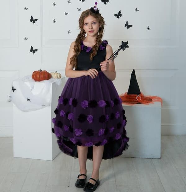 Pigebarn Blomsterkage Mesh Slæb-nederdel Lilla Purple 130CM