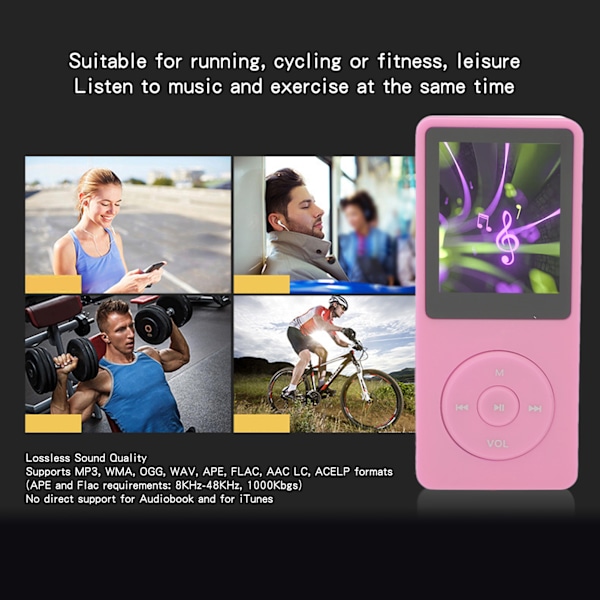 MP3 MP4-spelare 1,8 tum skärm 8 GB minne 64 GB utbyggbart 30 timmars uppspelning Multifunktionell sportmusikspelare Rosa