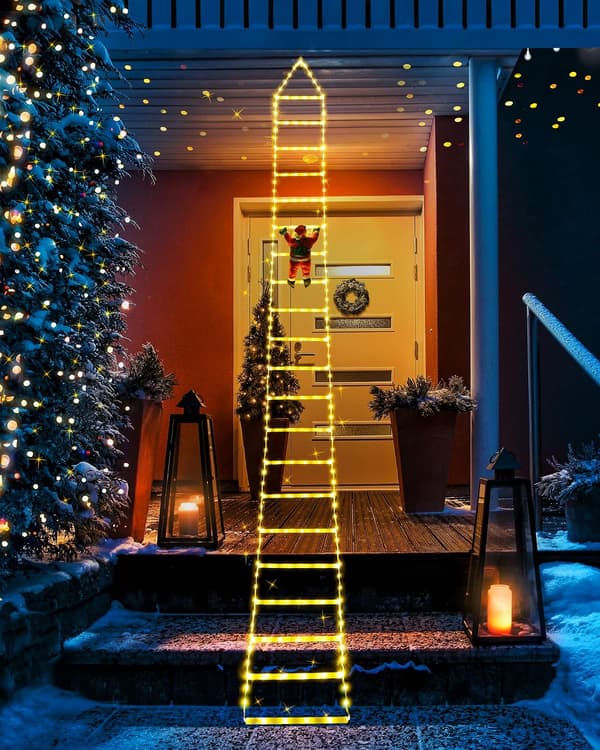 Juleelektriske lyssett, stige med julenisse, 8 moduser, timer minnefunksjon, vanntett (varmhvit)