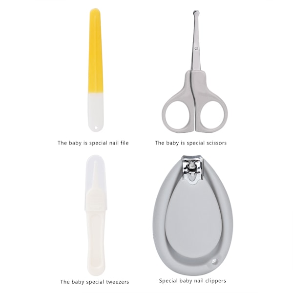 4-pack Baby Manikyrset Nagelklippare+Sax+Pincett+Nagelfil för Nyfödda (Grå Transparent)