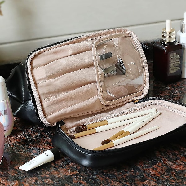 Dobbelt makeuptaske, Rejsetaske til makeup, Makeup-rejsetaske, læderhåndtaske, makeuptaske til kvinder og piger.