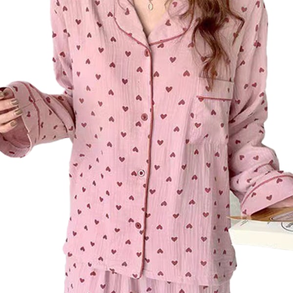 Dam Pyjamas Set med Knappar Långärmad Hjärtmönster Nedåtvänd Krage Lös Mjuk Dam Nattkläder för Vår Höst Hem Rosa M