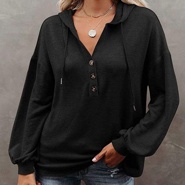 Huvtröja för kvinnor, Sweatshirt med knappar, Tonårs-toppar, Casual, Långärmad, Oversize, Tröja (svart)