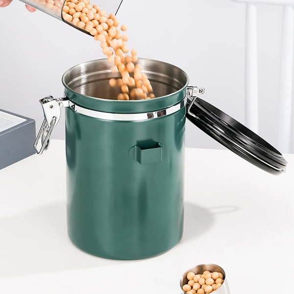 Kaffebehållare i rostfritt stål - 1,8L förvaringsbehållare för köksmat med datumspårare, CO2-utsläppsventil och mätskopa för malet kaffe,