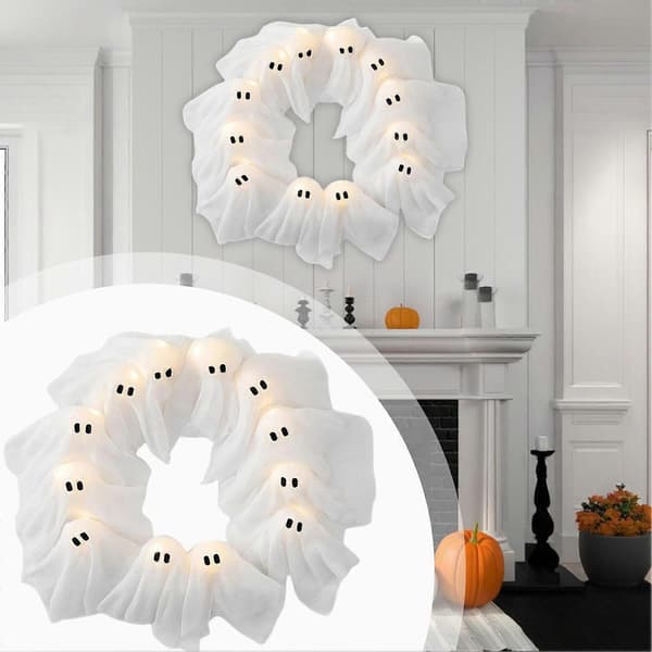 Spøkelseskrans til Halloween, lysende hvit spøkelseskrans til veranda, dør, festdekorasjon med LED-lys Equipped