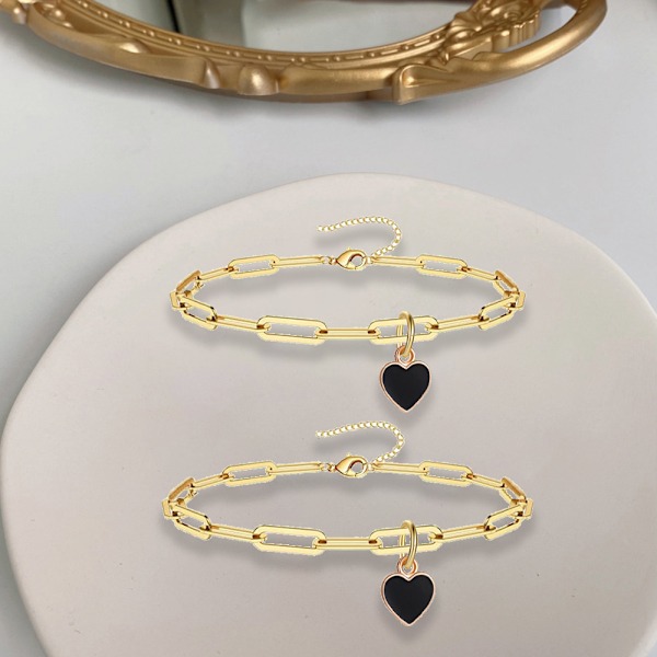 Hjerte armbånd og ankelkjeder i rustfritt stål for menn og kvinner, armbånd (15+5cm), ankelkjede (21+5cm) Justerbar