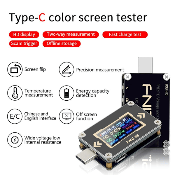USB-testare med färgskärm, PD snabbladdning, multifunktionell ström- och spänningsdetektering FNC88