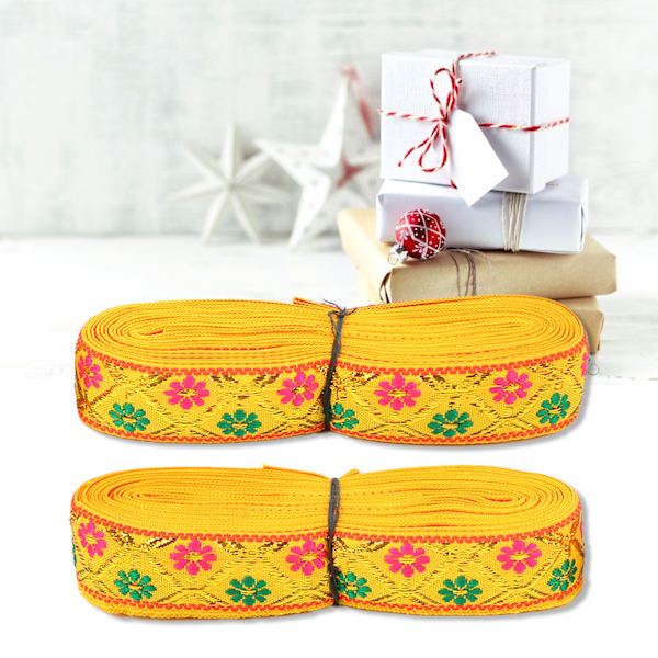 2 st Embroderade Spetsband Långa 7 meter Bredd 2,5 cm Elegant Band för Hantverk Bröllopsdekoration Klänningstillverkning Presentförpackning Gul