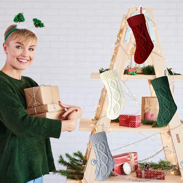 4-pack Unika Stickade Julstrumpor - 35 cm, Vinröd, Grön, Elfenben, Grå